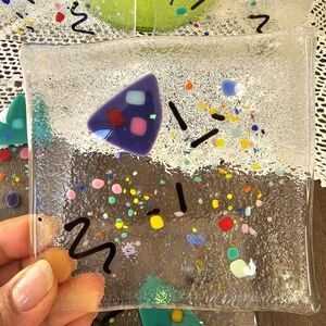 Fused Art Glass Colorfull Coasters Geometric Confetti design Set 5 Handmade